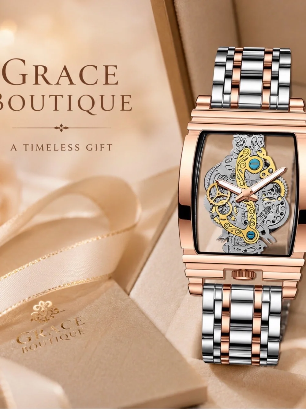 Grace Boutique Two-Tone Rose Gold & Silver Skeleton Watch